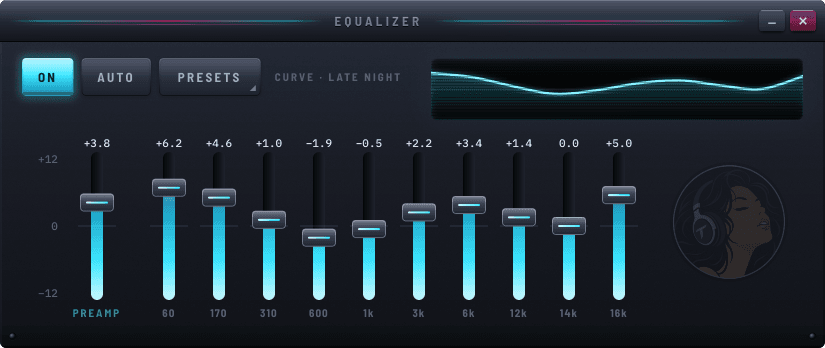 Tramp's equaliser window, with a preamp and ten sliders from 60 Hz to 16 kHz, and a curve showing their combined shape