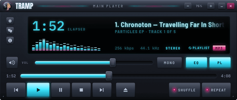 Tramp's player window, showing elapsed time, the track title and album, a twenty-bar spectrum, the sound quality of the file, a volume slider, and play, pause and skip buttons