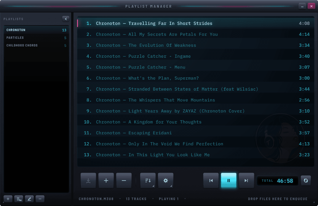 Tramp's playlist window, with saved playlists down the left and thirteen numbered tracks with their running times on the right