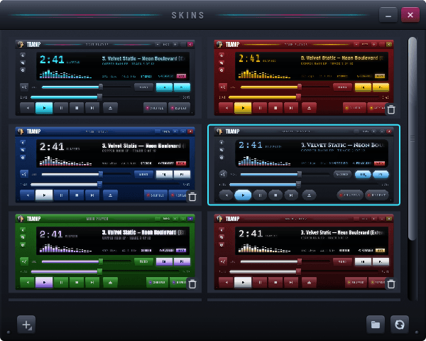 Tramp's skins window, showing a grid of skin previews — Tramp, Arc, Shield, Thunder, Gamma and Widow — with Thunder selected, and buttons to add more or open the skins folder